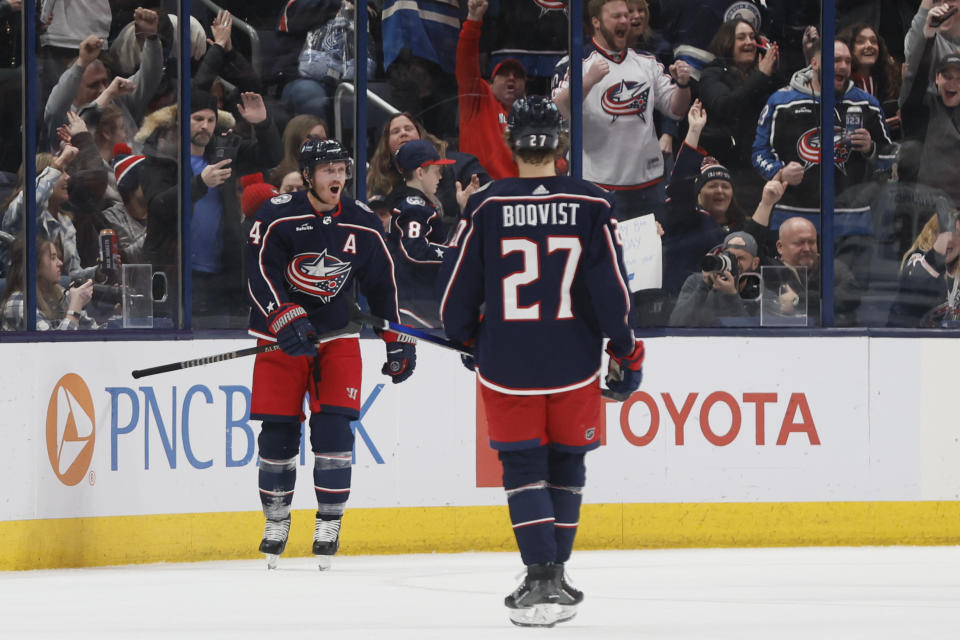 Columbus Blue Jackets' Gustav Nyquist celebrates his goal against the San Jose Sharks during the third period of an NHL hockey game on Saturday, Jan. 21, 2023, in Columbus, Ohio. (AP Photo/Jay LaPrete)