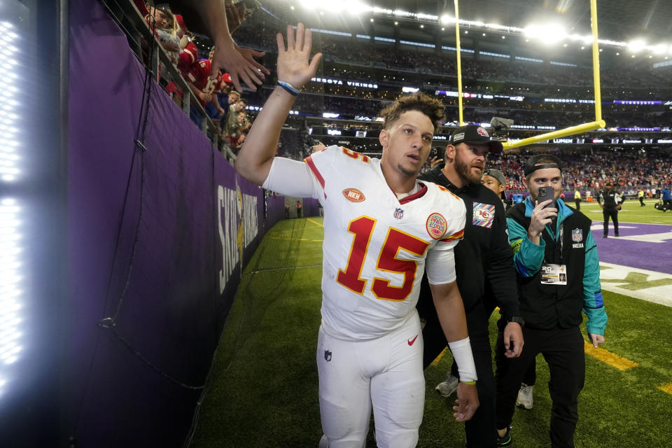 Kansas City Chiefs quarterback Patrick Mahomes (15) walks off the field after an NFL football game against the Minnesota Vikings, Sunday, Oct. 8, 2023, in Minneapolis. The Chiefs won 27-20. (AP Photo/Abbie Parr)