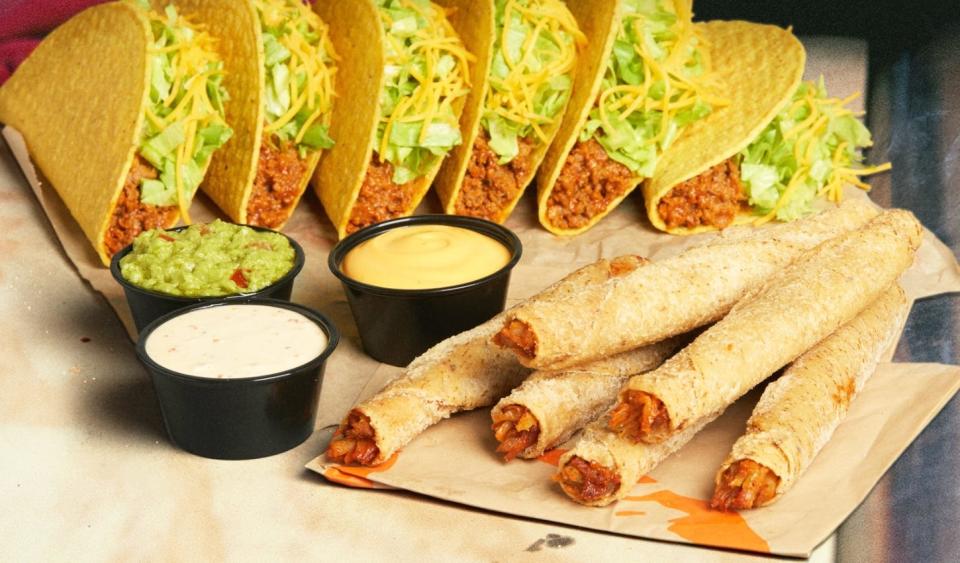 For a limited time at Taco Bell, you can get Rolled Chicken Tacos, made of marinated all-white-meat chicken in a fried corn tortilla.