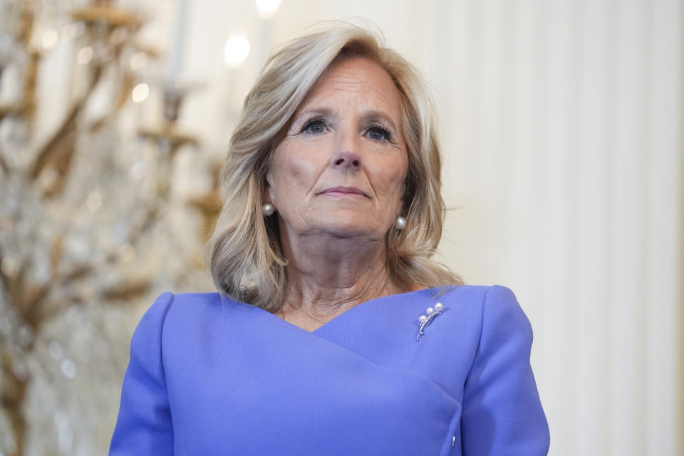 First lady Jill Biden arrives for a Women's History Month reception in the East Room of the White House, Monday, March 18, 2024, in Washington. (AP Photo/Evan Vucci)