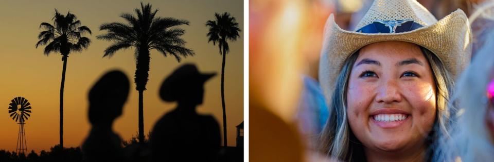 At left, palms trees and two figure silhouettes are framed against sunset sky; at right, a young woman smiles