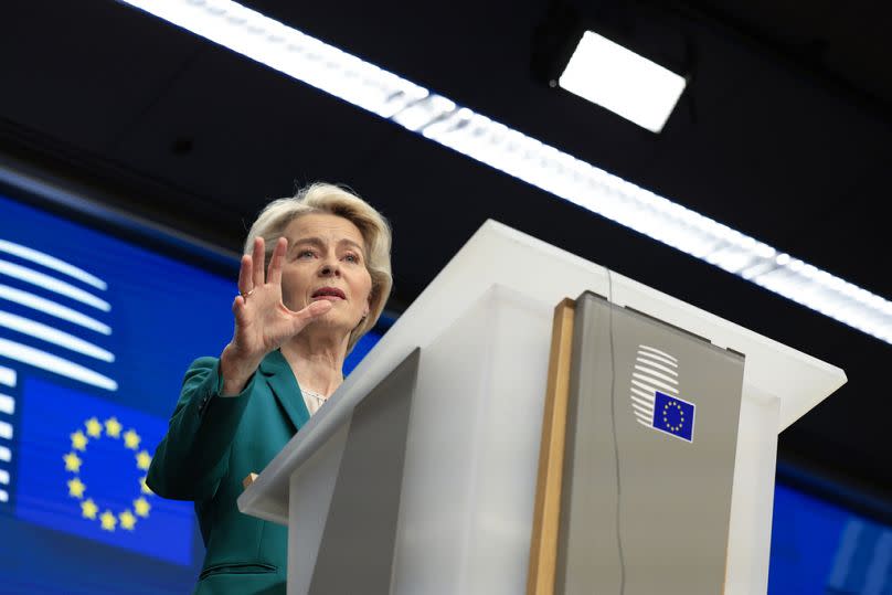 European Commission President Ursula von der Leyen addresses a media conference at the conclusion of an EU Summit in Brussels, March 2024