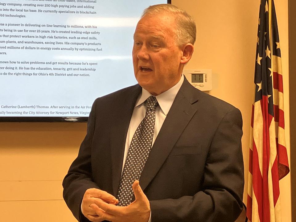 Steve Taylor tells the Shelby Area Democratic Club on Thursday night that he is running for the congressional seat held by Jim Jordan because "I could no longer sit idly by and watch a small group of very well-funded, right-wing radicals destroy our government."