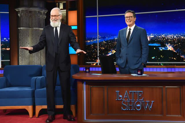 <p>Scott Kowalchyk/CBS</p> The Late Show with Stephen Colbert and guest David Letterman during his introduction.