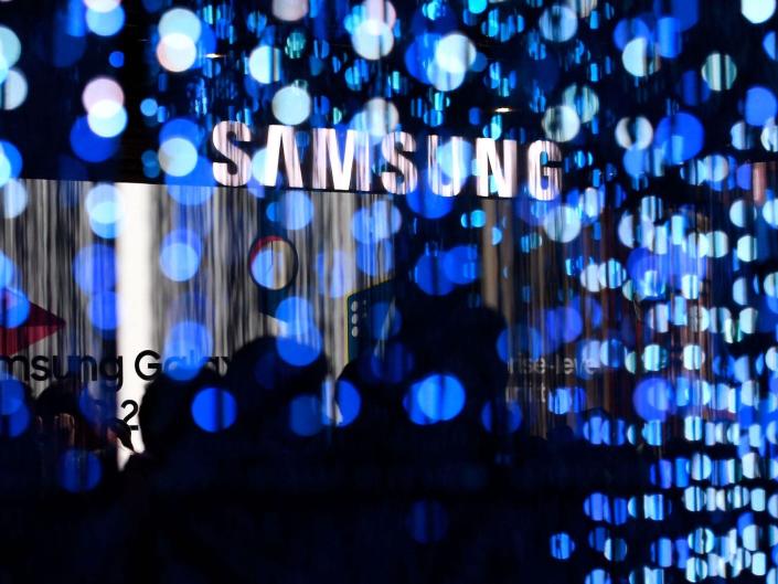 A Samsung logo is displayed at the MWC (Mobile World Congress) in Barcelona on March 2, 2022.