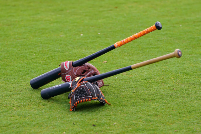 Mar 15, 2022; West Palm Beach, FL, USA; A general view of bats and gloves on the field during Houston Astros spring training work outs at The Ballpark of the Palm Beaches. Mandatory Credit: Jasen Vinlove-USA TODAY Sports
