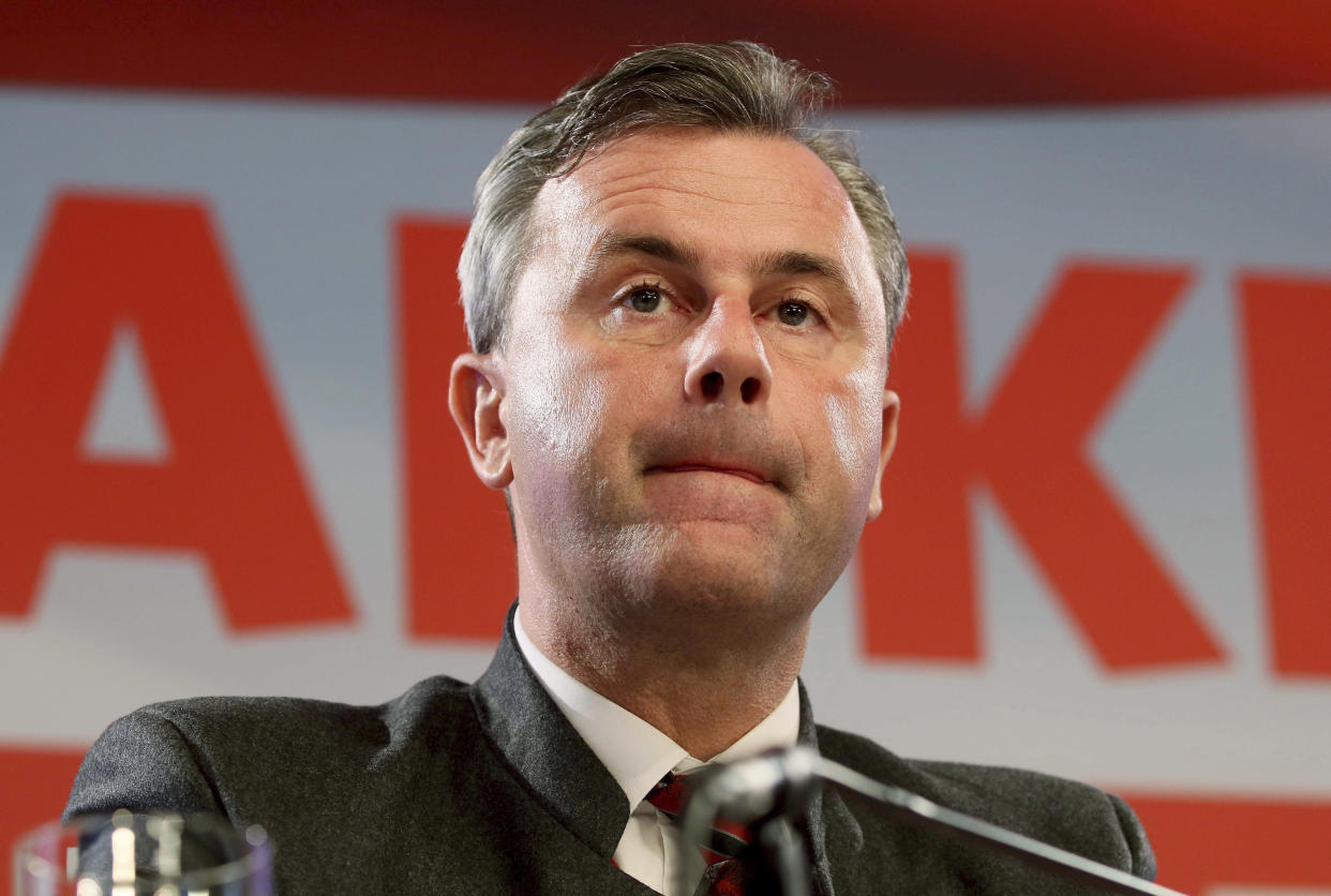 Presidential candidate Norbert Hofer of Austria's Freedom Party, FPOE, attends a news conference after the presidential election in Vienna, Austria, Tuesday, Dec. 6, 2016. Austria’s defeated right-wing candidate for the presidency says he will run again in six years, when the term of the left-leaning winner ends and new elections are held. (AP Photo/Ronald Zak)