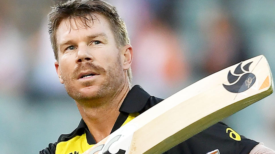 David Warner looks upwards after losing his wicket at the 2022 T20 World Cup.