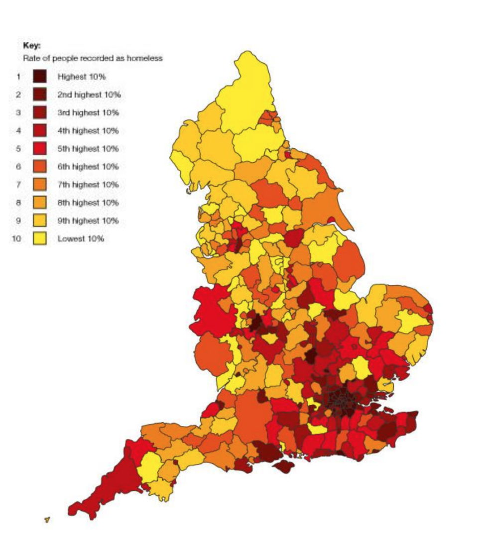 Rate of homeless ranked by Local Authority area. (Shelter)