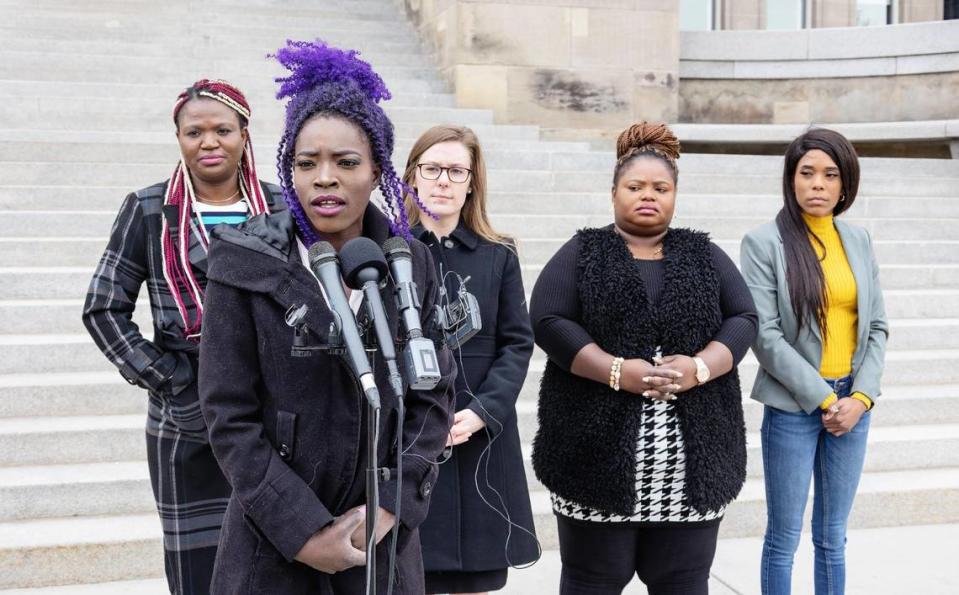 Boise hair braider Tedy Okech speaks at a news conference announcing a lawsuit against Idaho for its requirements on hair braiding entrepreneurs.