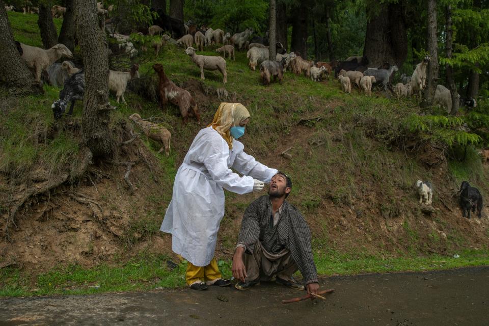 May 18, 2021: A Kashmiri doctor takes a nasal swab sample of a nomad to test for COVID-19 in Budgam, India.