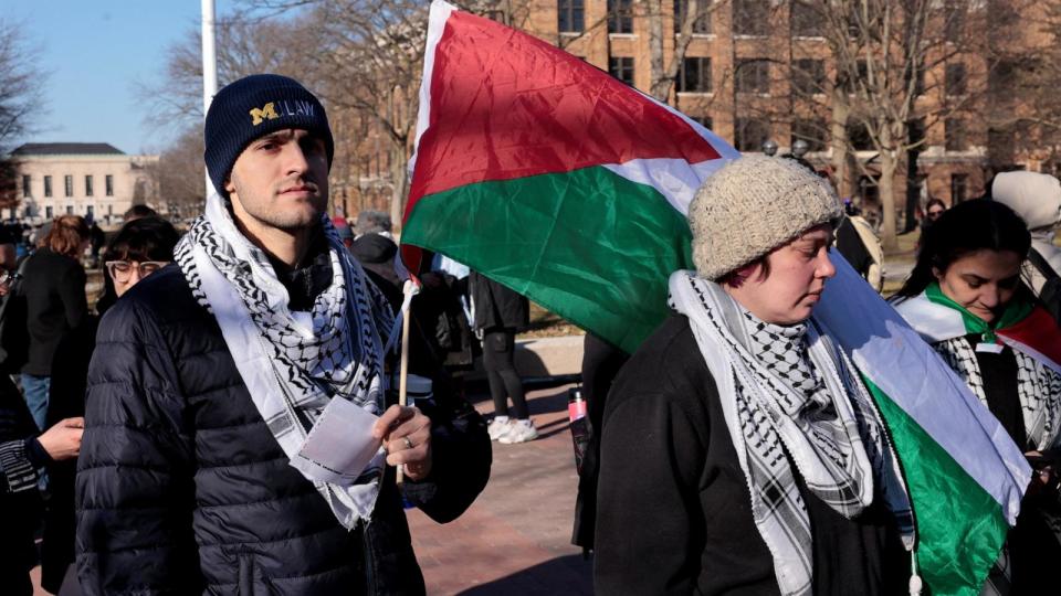 PHOTO: Protestors rally against US President Joe Biden's unwavering support for Israel and call for a ceasefire in the Israel-Hamas conflict on the University of Michigan campus in Ann Arbor, Michigan, Feb. 20, 2024.  (Jeff Kowalsky/AFP via Getty Images)