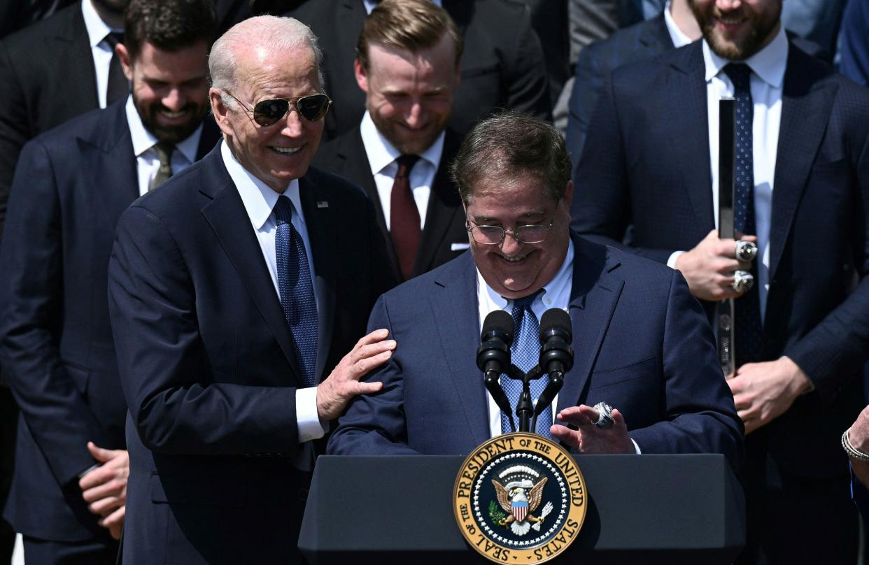 Tampa Bay Lightning owner Jeff Vinik speaks alongside U.S. President Joe Biden and members of the 2020-2021 Stanley Cup champion Tampa Bay Lightning hockey team during a ceremony honoring the team on the South Lawn of the White House in Washington, DC on April 25, 2022.