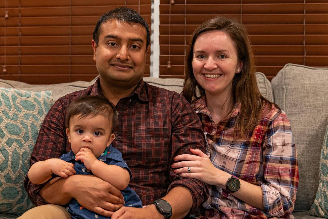 ‘People can’t afford to live here. It’s not just those who we think of coming from a lower income, it’s the college educated who can’t make it work,’ says Tanjim Hossain, pictured with his son Ambrose and wife Christine Oliver.