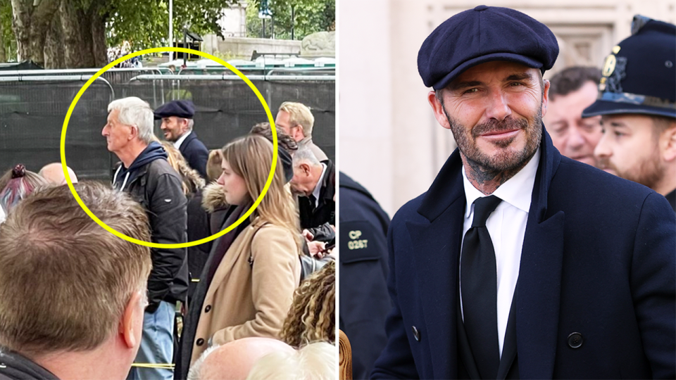 David Beckham (pictured right) smiling after leaving Westminster Hall and (pictured left) Beckham queuing up to see Queen Elizabeth II's coffin,