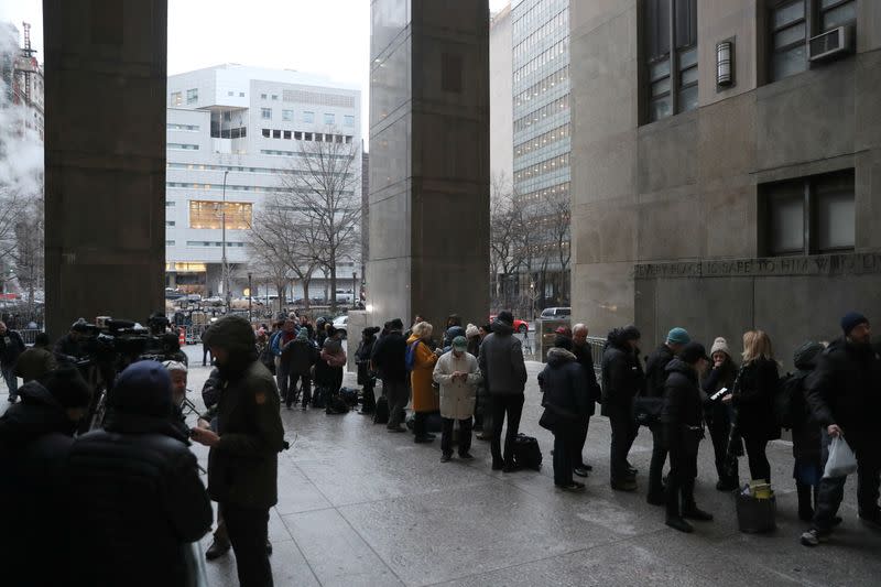 Reporters line up outside NY Criminal Court ahead of Film producer Harvey Weinstein's first day of sexual assault trial in New York