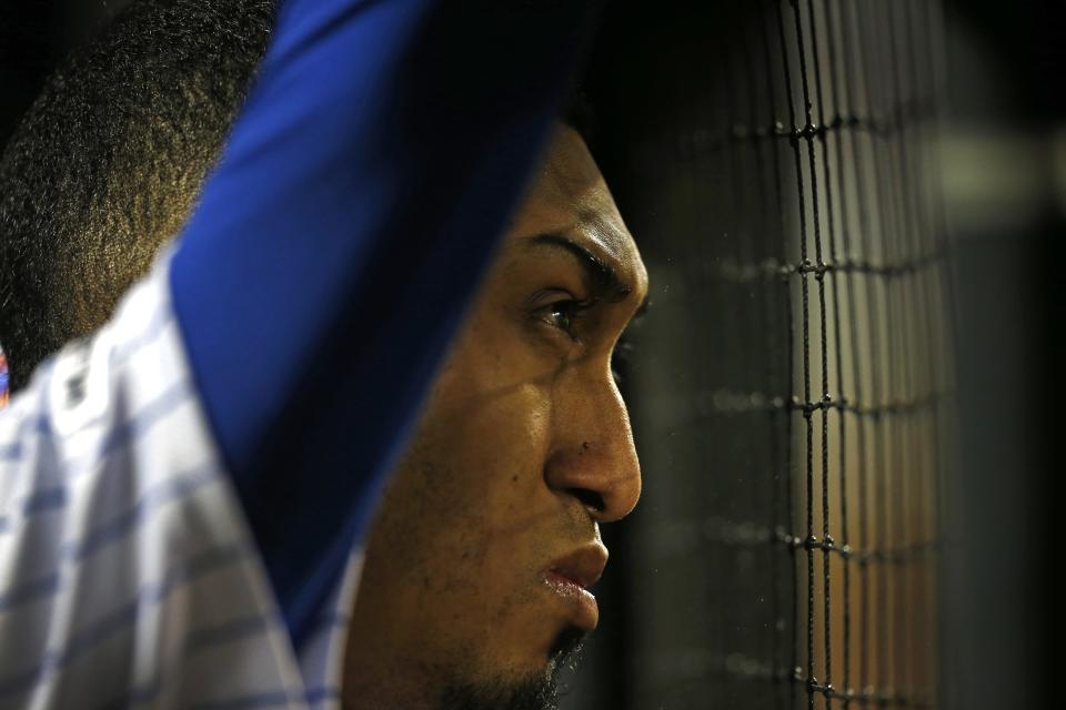 May 1, 2019; New York City, NY, USA; New York Mets relief pitcher Edwin Diaz (39) looks on from the dugout after a giving up a home run in the ninth inning against the Cincinnati Reds at Citi Field. Mandatory Credit: Noah K. Murray-USA TODAY Sports