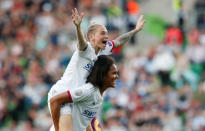 Soccer Football - Women's Champions League Final - Ferencvaros Stadium, Budapest, Hungary - May 18, 2019 Olympique Lyonnais' Wendie Renard celebrates winning the Women's Champions League with Jess Fishlock after the match REUTERS/Bernadett Szabo