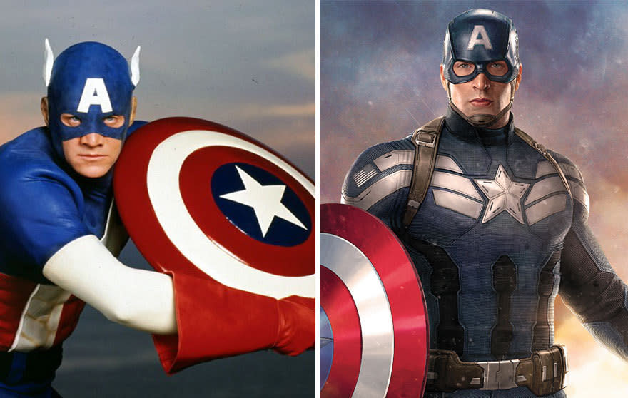 7. Capitán América, en 1990 y en 2016. Este superhéroe es un justiciero ficticio que aparece en cómics estadounidenses publicados por Marvel. Creado por Joe Simon y Jack Kirby, el personaje apareció por primera vez en Captain America Comics #1 (marzo de 1941) de Timely Comics. Fue diseñado como un supersoldado patriota que luchaba frecuentemente contra las potencias del Eje en la Segunda Guerra Mundial. Foto: Amazon.com