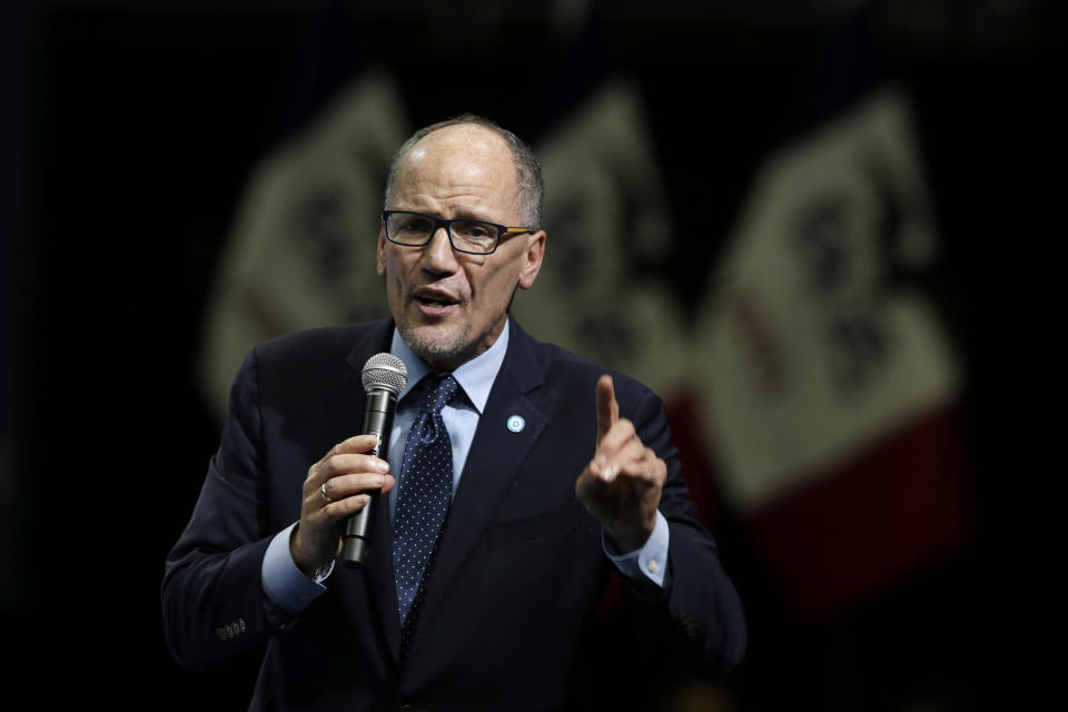 Democratic National Committee Chair Tom Perez speaks during the Iowa Democratic Party's Liberty and Justice Celebration, Friday, Nov. 1, 2019, in Des Moines, Iowa. (AP Photo/Nati Harnik)