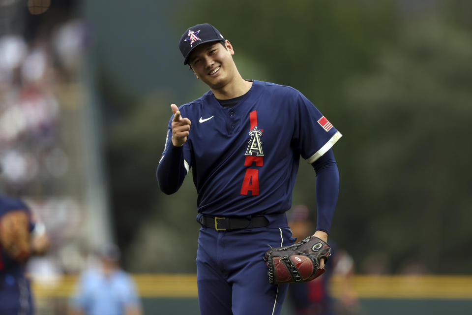 American League's Shohei Ohtani, of the Los Angeles Angels, reacts after throwing during the first inning of the 91st MLB baseball All-Star Game, Tuesday, July 13, 2021 in Denver. (AP Photo/Alex Trautwig, Pool)