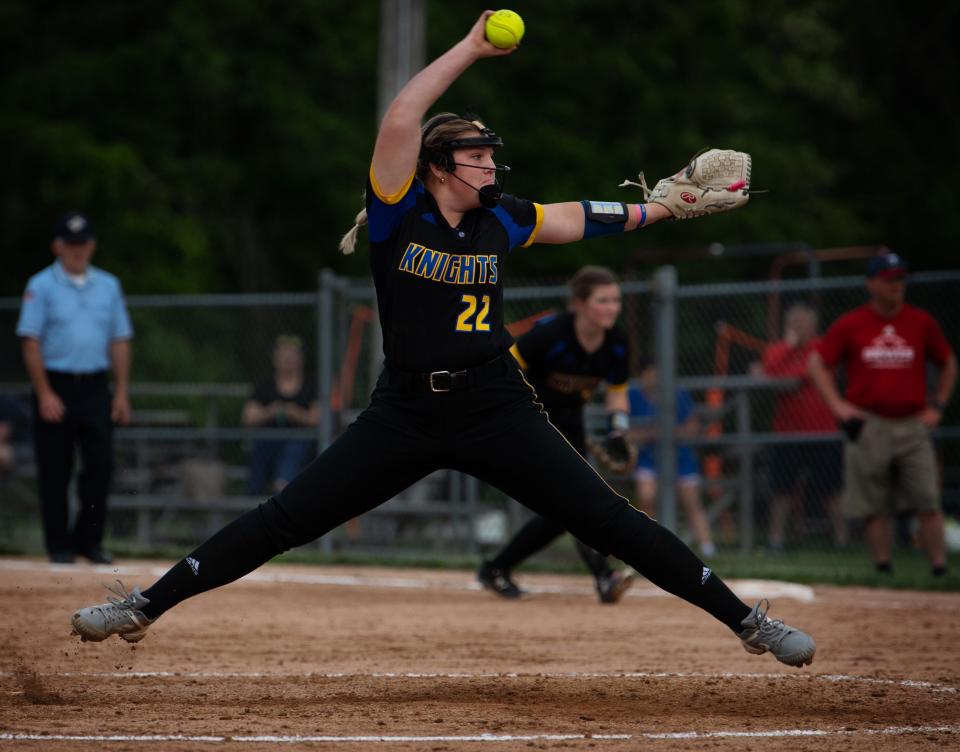 Castle's  Brooklyn Ballis (22) delivers a pitch to a Tecumseh batter in the eighth inning during their game at Tecumseh High School Wednesday evening, May 10, 2023. Castle won the game 7-4 in extra innings.