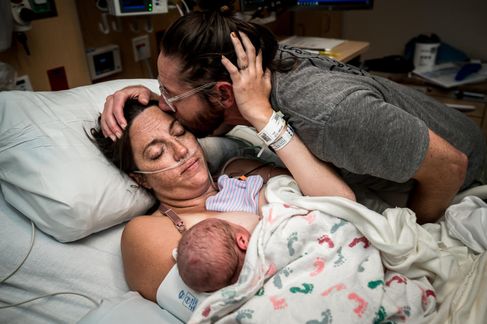 "This mama ended up with an emergency C-section, and neither the dad nor I were allowed into the OR. Since she was under general anesthetic, the baby was brought out to meet his daddy. It was the sweetest thing, and they snuggled and bonded until mama was awake and able to meet her son. This family was the sweetest, and both parents were so strong."