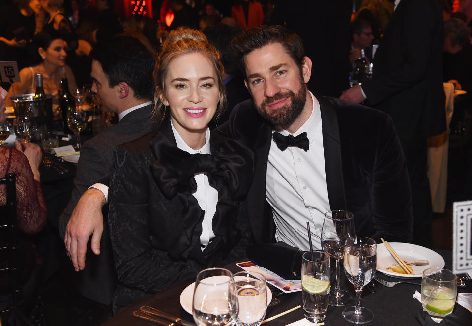 Emily Blunt and John Krasinski sat at a table at the 71st Annual Writers Guild Awards New York ceremony at Edison Ballroom on February 17, 2019 in New York City