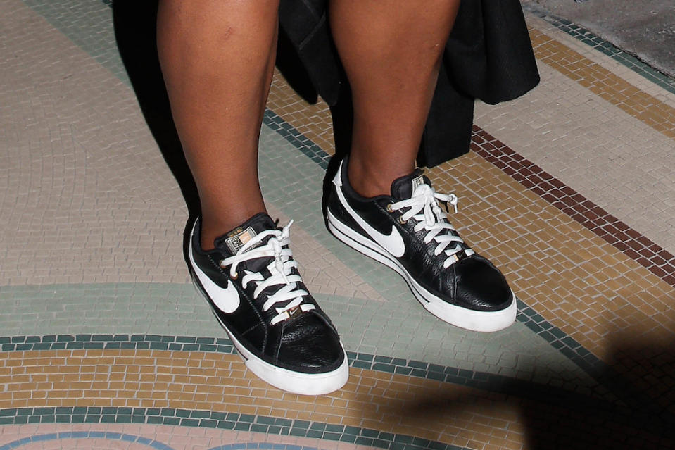 A closer look at Serena Williams’ black and white Nike sneakers. - Credit: SplashNews.com