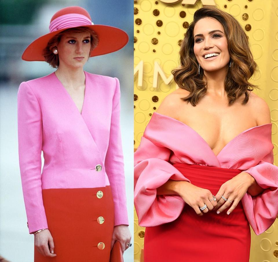 <p>Red and pink recently made a major comeback <a href="https://www.harpersbazaar.com/celebrity/red-carpet-dresses/a29180426/pink-red-dresses-emmys-2019/" rel="nofollow noopener" target="_blank" data-ylk="slk:on the red carpet;elm:context_link;itc:0;sec:content-canvas" class="link ">on the red carpet</a>. But even if the trend is everywhere, it's hard not to compare Princess Diana's Catherine Walker suit and hat look in Kuwait on a royal tour in 1989 with Mandy Moore's Brandon Maxwell gown on the Emmys red carpet in 2019. </p>