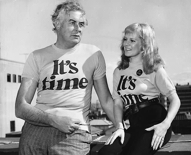 Gough Whitlam with singer Little Pattie, wearing t-shirts announcing 'It's Time', for his Labour election campaign. Source: Getty Images