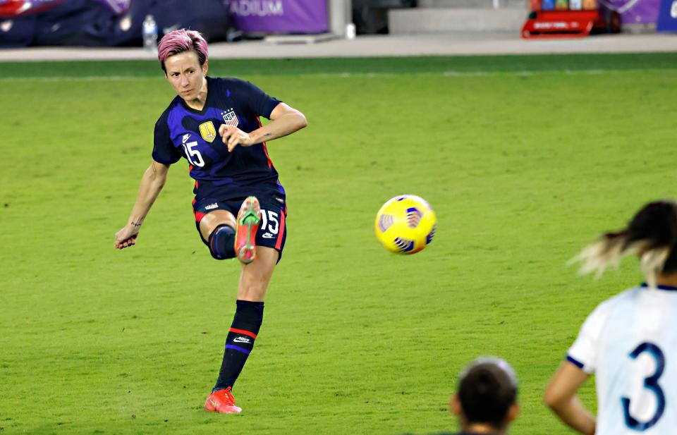 Megan Rapinoe kicks the ball during the USWNT's win in the  She Believes Cup match against Argentina at Exploria Stadium.