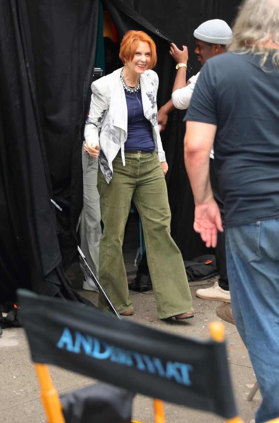 new york, ny may 16 cynthia nixon is seen filming on the set of and just like that on the lower east side, manhattan on may 16, 2024 in new york city photo by jose perezbauer griffingc images