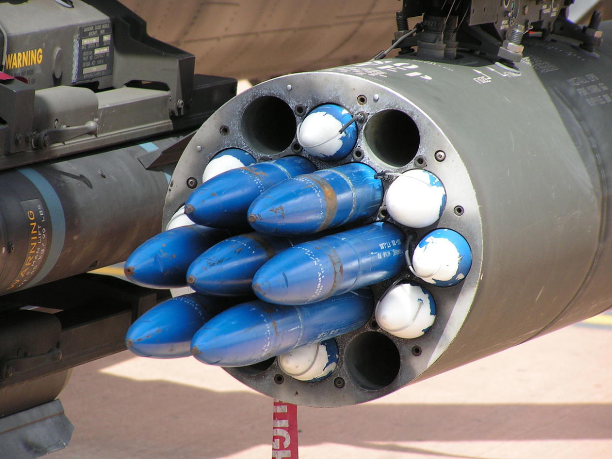 Hydra 70 rockets, dummy versions pictured above, are fired from aircraft against infantry and supply stations (Dammit/CC BY-SA 2.5 NL)