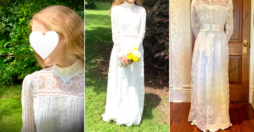 Teen modelling vintage white lace dress that may have been a bridal gown