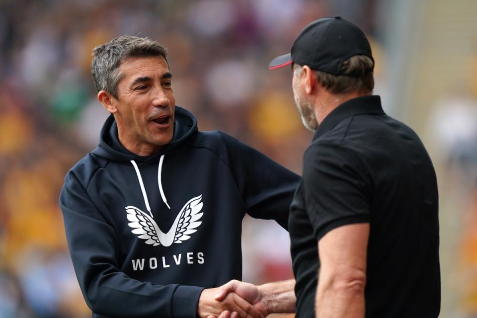 Wolves boss Bruno Lage, left, is the happier manager after his side’s first league win of the season against Southampton (Tim Goode/PA) (PA Wire)