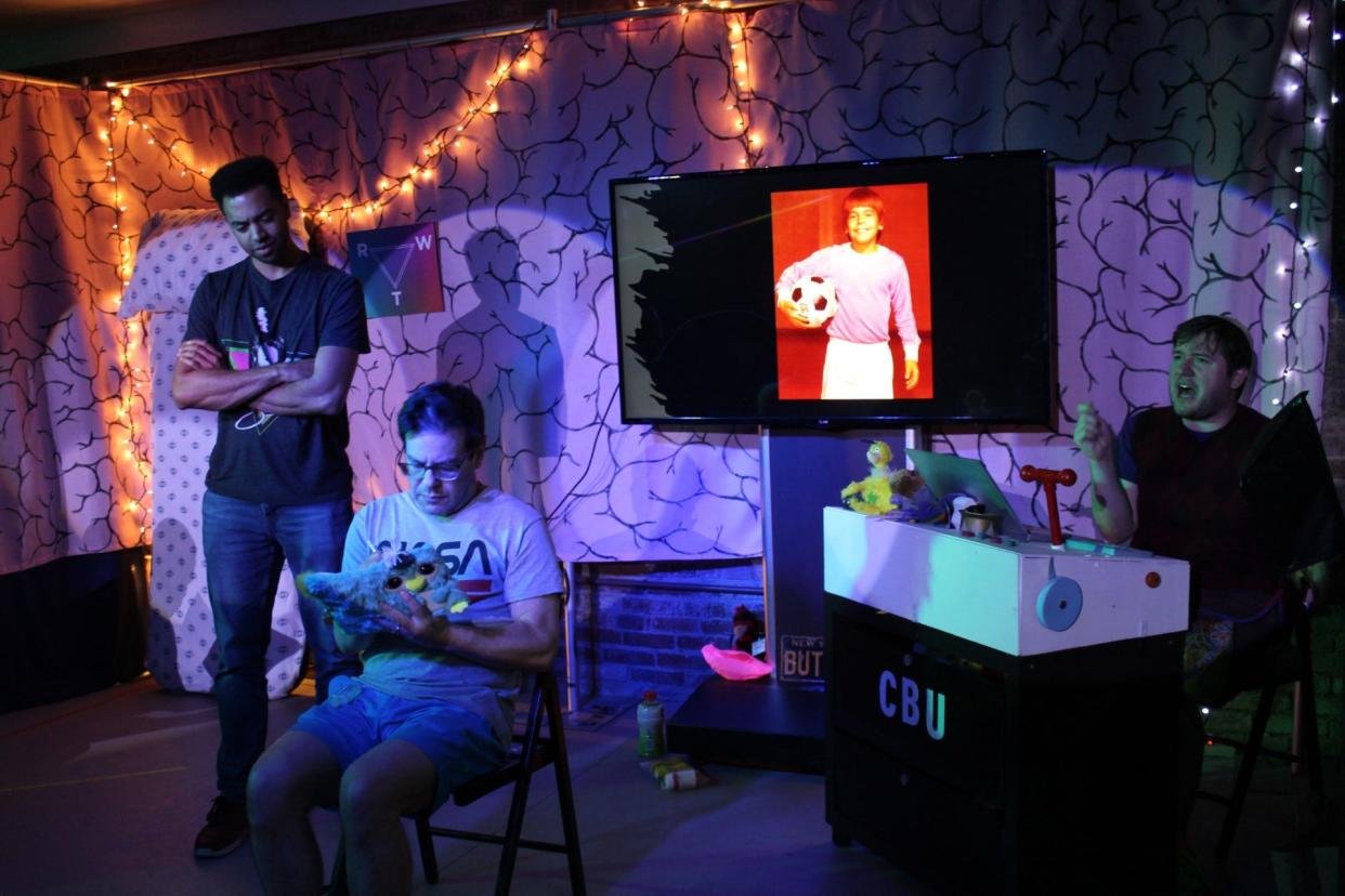 From left, Dylan Gregory, Blake Newhem Valenzuela and Justin Miller perform a scene from "The Blake & Ollie Show" running through July 22 at the Akron Civic Theatre's Wild Oscar's venue.