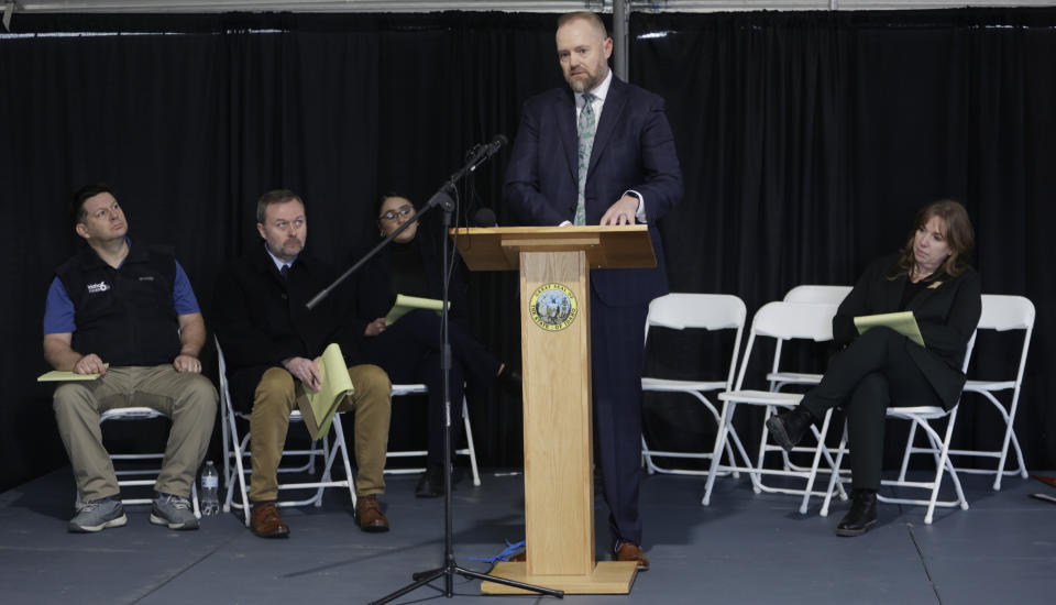 Josh Tewalt, director of the Idaho Department of Correction (IDOC) addresses the media after the planned execution of Thomas Eugene Creech was called off. Media witnesses onstage are, from left, Roland Beres, Scott McIntosh, Idaho Statesman, KIVI, Brenda Rodriguez, and Rebecca Boone,Associated Press. Idaho on Wednesday delayed the execution of serial killer Thomas Eugene Creech, one of the longest-serving death row inmates in the U.S., after a failed attempt at lethal injection. Creech was wheeled into the room at the Idaho Maximum Security Institution on a gurney at 10 a.m. (AP Photo/Kyle Green)