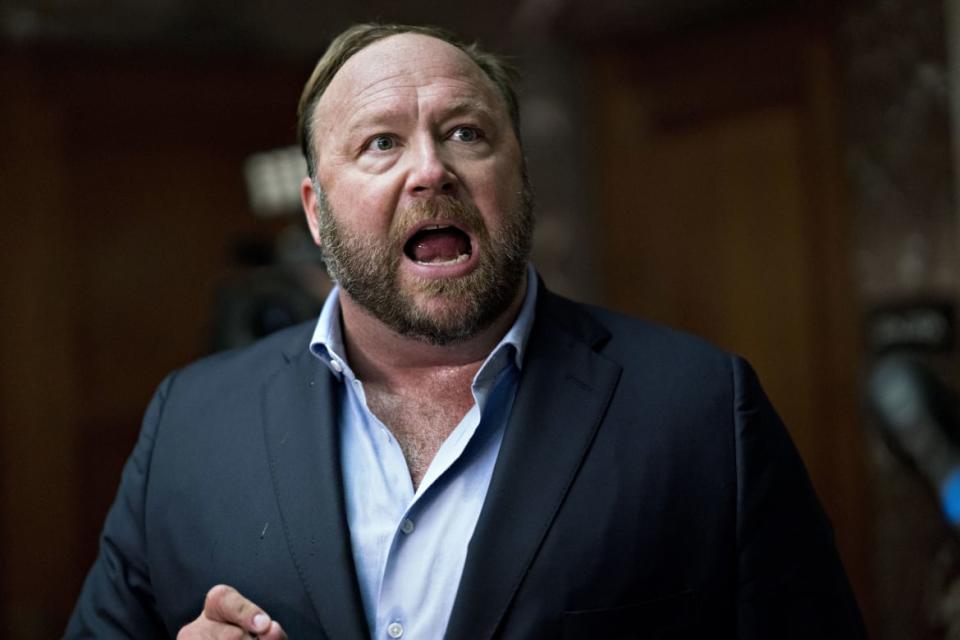 <div class="inline-image__title">1027066478</div> <div class="inline-image__caption"><p>Alex Jones speaks to members of the media outside a Senate Intelligence Committee hearing in Washington, D.C. on September 5, 2018. </p></div> <div class="inline-image__credit">Andrew Harrer/Bloomberg via Getty</div>