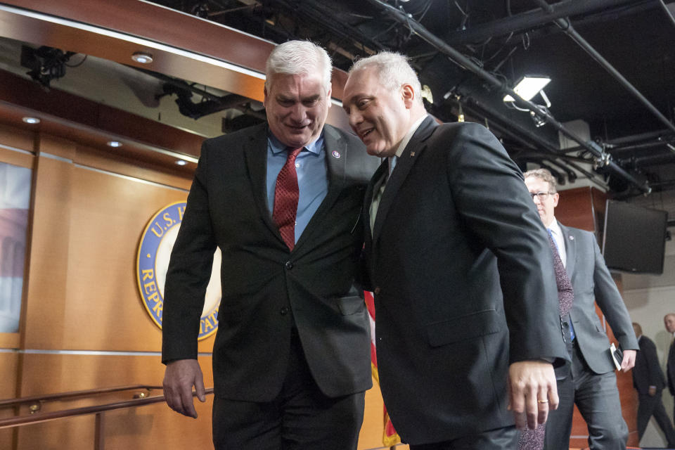 FILE - House Majority Whip Tom Emmer of Minn., left, and House Majority Leader Steve Scalise of La., depart after a news conference on Capitol Hill, Tuesday, Jan. 10, 2023, in Washington. (AP Photo/Alex Brandon, File)