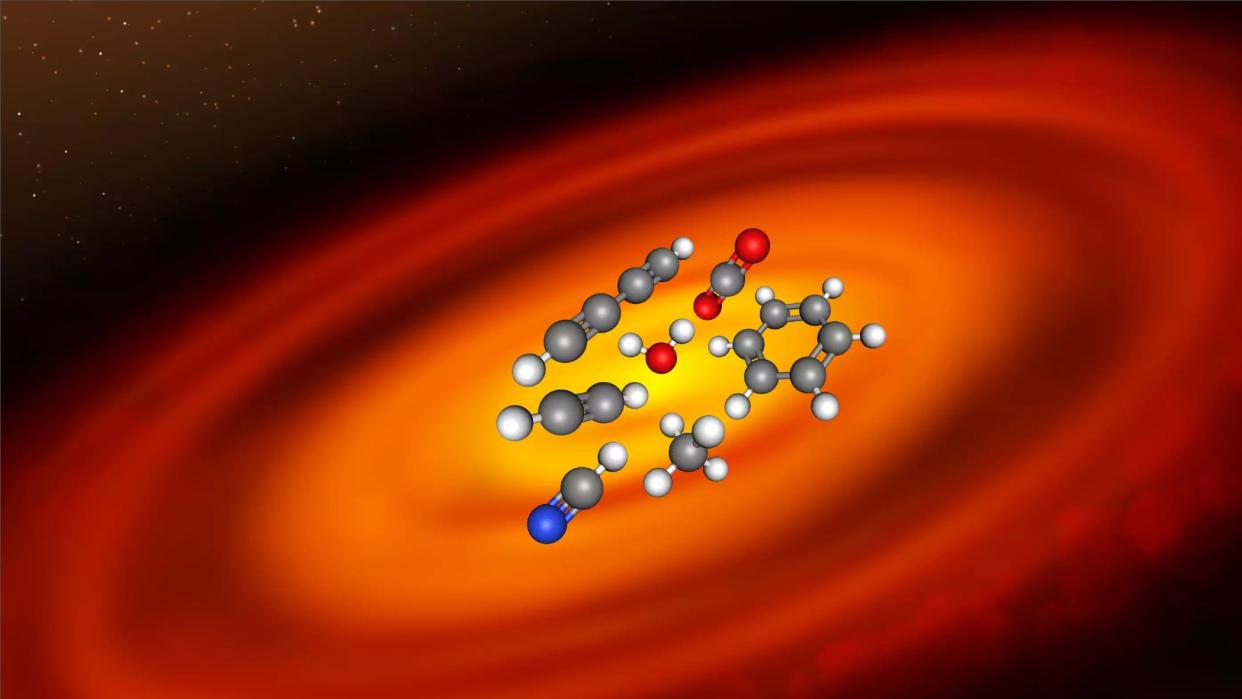  an illustration of a chemical molecule superimposed over a large disk in space 