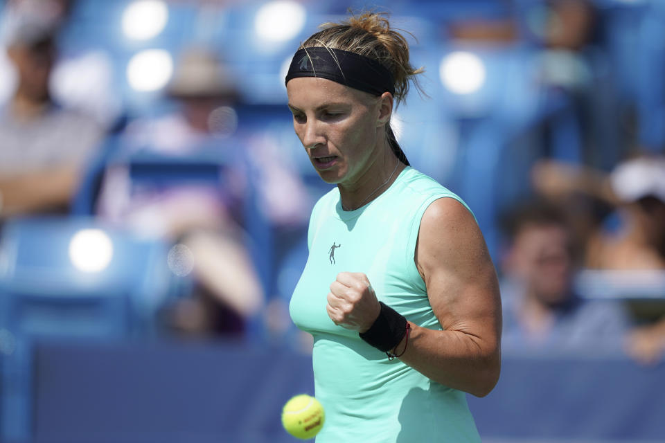 Svetlana Kuznetsova, of Russia, reacts during a match against Ashleigh Barty, of Australia, during the Western & Southern Open tennis tournament, Saturday, Aug. 17, 2019, in Mason, Ohio. (AP Photo/John Minchillo)