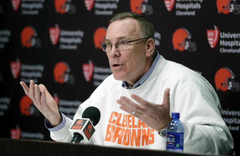 Cleveland Browns general manager John Dorsey answers question at a news conference at the NFL football team's training camp facility, Monday, Dec. 31, 2018, in Berea, Ohio. Browns interim coach Gregg Williams will be the first candidate interviewed for Cleveland's permanent position. Williams led Cleveland to a 5-3 record after Hue Jackson was fired on Oct. 29. Dorsey said Williams, the team's defensive coordinator for the past two seasons, will have his interview Tuesday. (AP Photo/Tony Dejak)