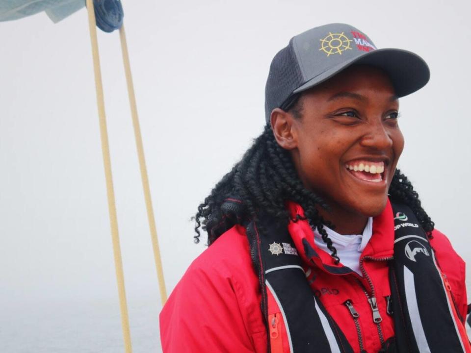 Junella King, 22, was one of the crew members helping to navigate the sailboat Maiden through Bay of Fundy fog Thursday morning.  (Julia Wright/CBC - image credit)