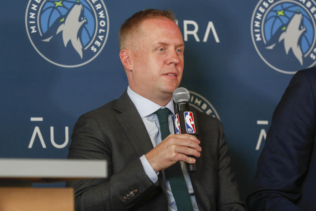 Jun 28, 2022; Minneapolis, MN, USA; Minnesota Timberwolves president of basketball operations Tim Connelly answers questions at a press conference to introduce the 2022 draft picks at Target Center. Mandatory Credit: Bruce Kluckhohn-USA TODAY Sports