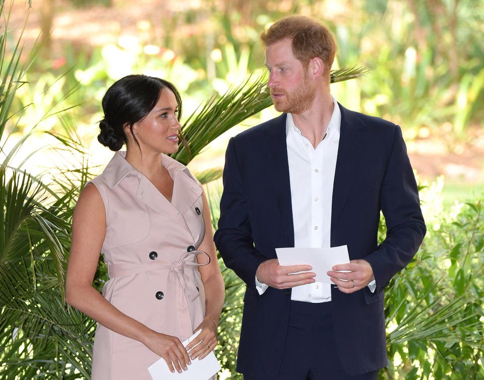 JOHANNESBURG, SOUTH AFRICA - OCTOBER 02: Meghan, Duchess of Sussex and Prince Harry, Duke of Sussex attend a reception to celebrate the UK and South Africa’s important business and investment relationship at the High Commissioner’s Residence during their royal tour of South Africa on October 02, 2019 in Johannesburg, South Africa. (Photo by Karwai Tang/WireImage)