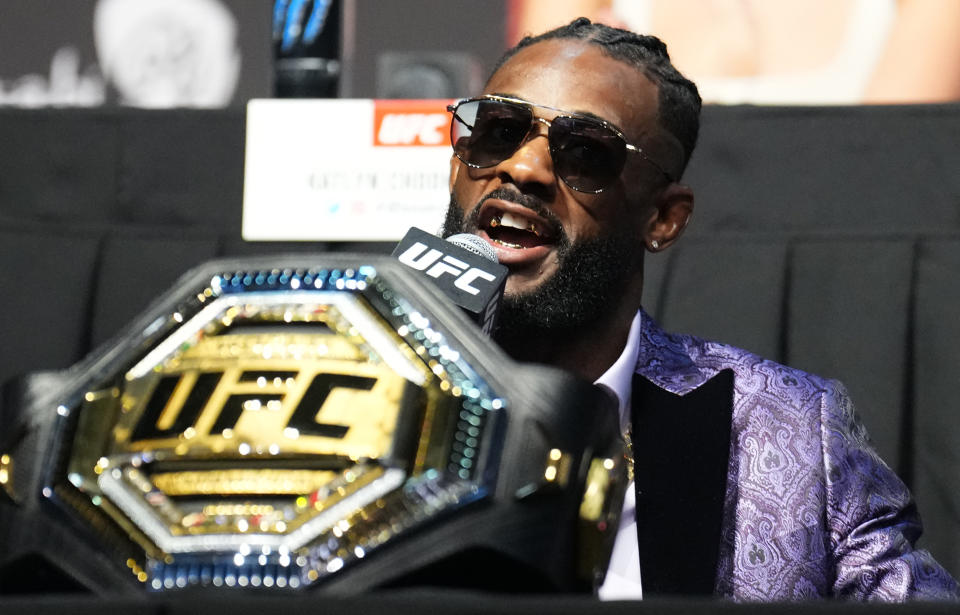 ABU DHABI, UNITED ARAB EMIRATES - OCTOBER 20: Aljamain Sterling is seen on stage during the UFC 280 press conference at Etihad Arena on October 20, 2022 in Abu Dhabi, United Arab Emirates. (Photo by Chris Unger/Zuffa LLC)