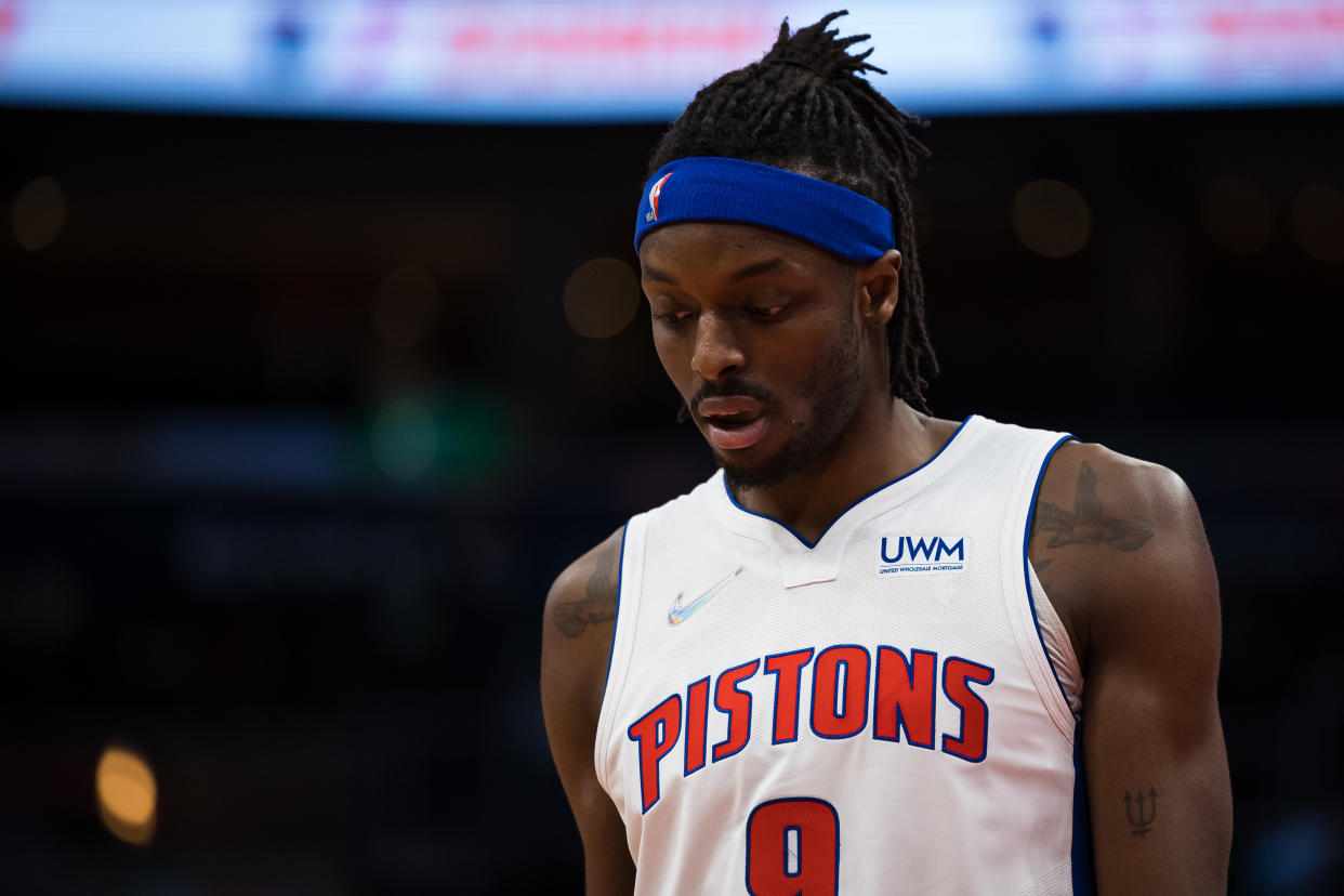 WASHINGTON, DC - MARCH 01: Jerami Grant #9 of the Detroit Pistons looks on against the Washington Wizards during the first half at Capital One Arena on March 1, 2022 in Washington, DC. NOTE TO USER: User expressly acknowledges and agrees that, by downloading and or using this photograph, User is consenting to the terms and conditions of the Getty Images License Agreement. (Photo by Scott Taetsch/Getty Images)