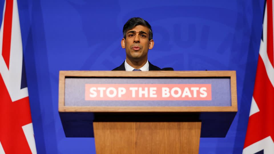 UK Prime Minister Rishi Sunak speaks during a news conference ahead of a crunch vote on the Rwanda legislation on April 22, 2024. - Toby Melville/PA