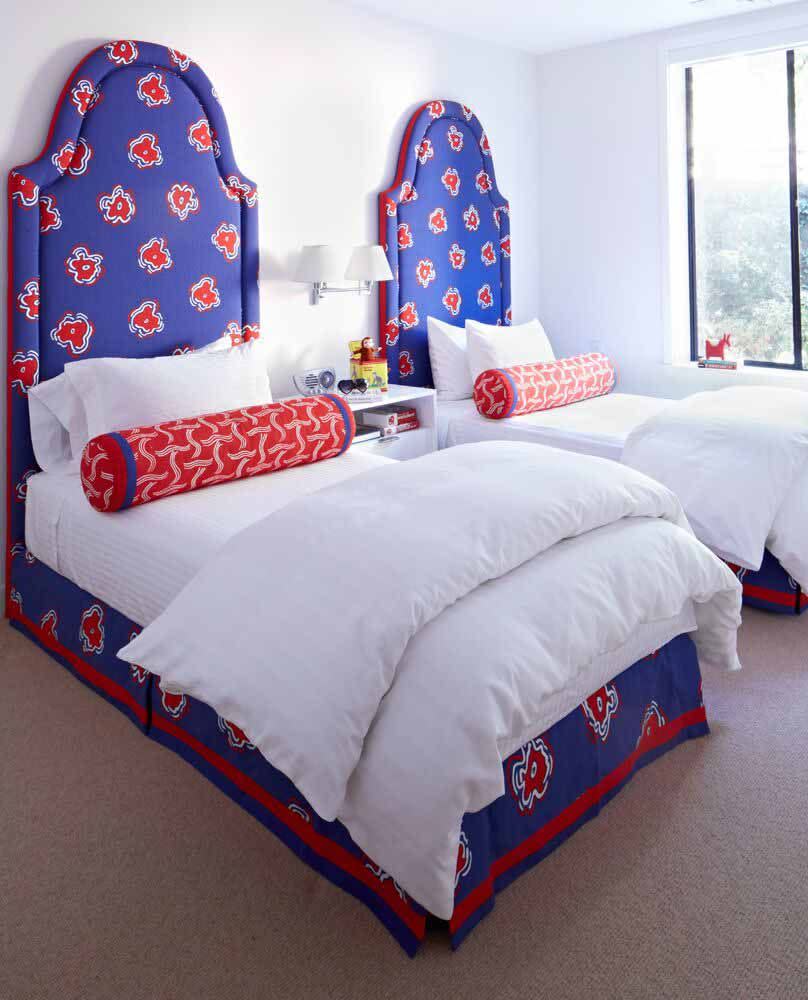 Bedroom, Bedding, Bed sheet, Blue, Bed, Furniture, Red, Room, Bed frame, Textile, 